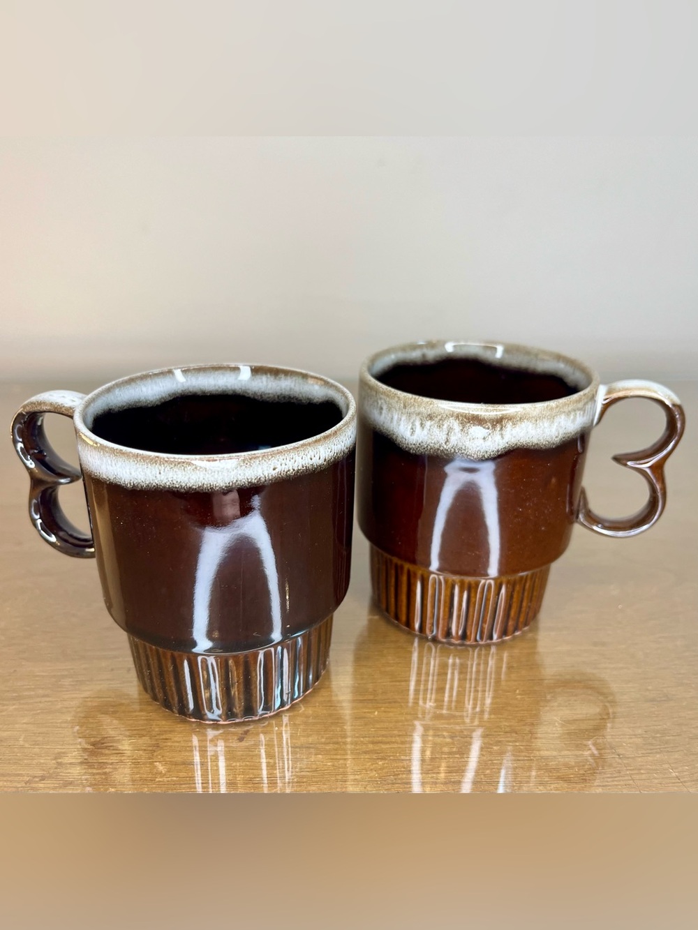 Vintage MCM Holmar Stacking Ceramic Coffee Cup Mugs (2), Brown Drip Glaze, Japan